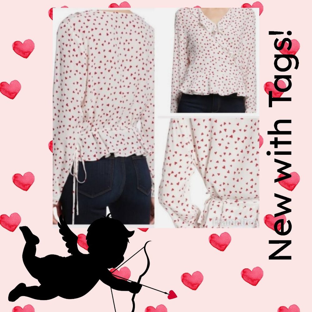 Rails Simone Smitten Hearts White w/Red Hearts Wrap Blouse. NWT! Sz XS
